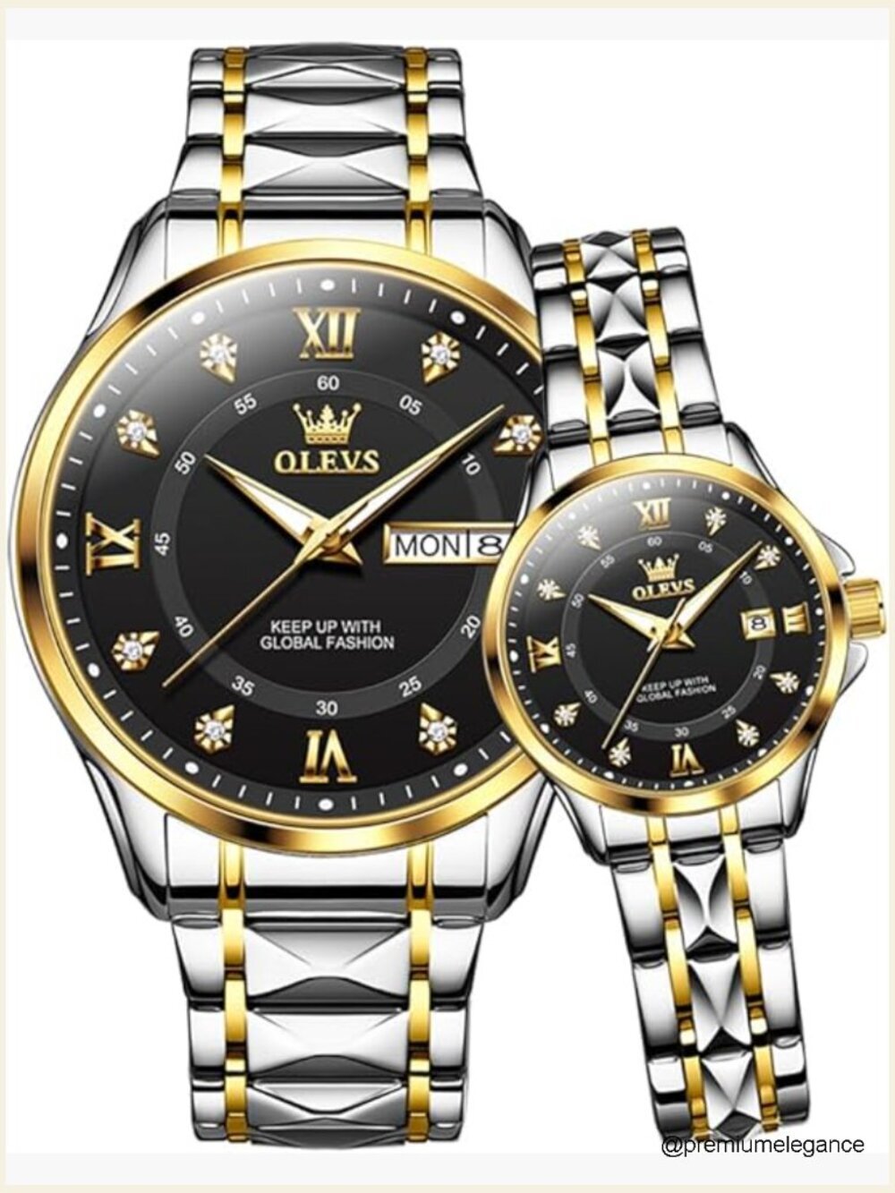 Couple Quartz Luminous Calendar Waterproof Stainless Steel Dress Watch Set